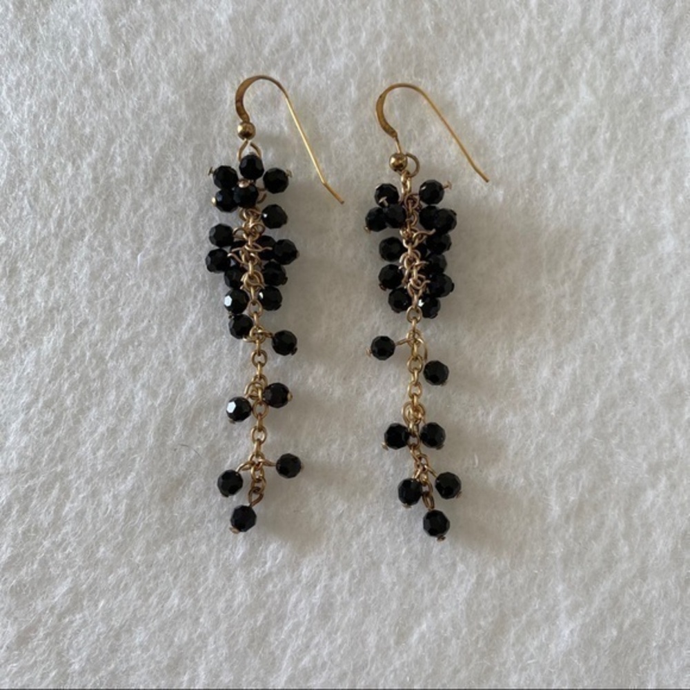 Hand Crafted 14k Yellow Gold Black Beaded Tassel Boho Chain Drop Earrings NEW